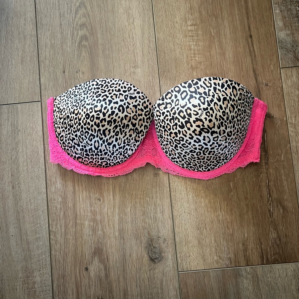 PINK by VS Leopard Print Strapless Bra with Neon Pink Lace 36D